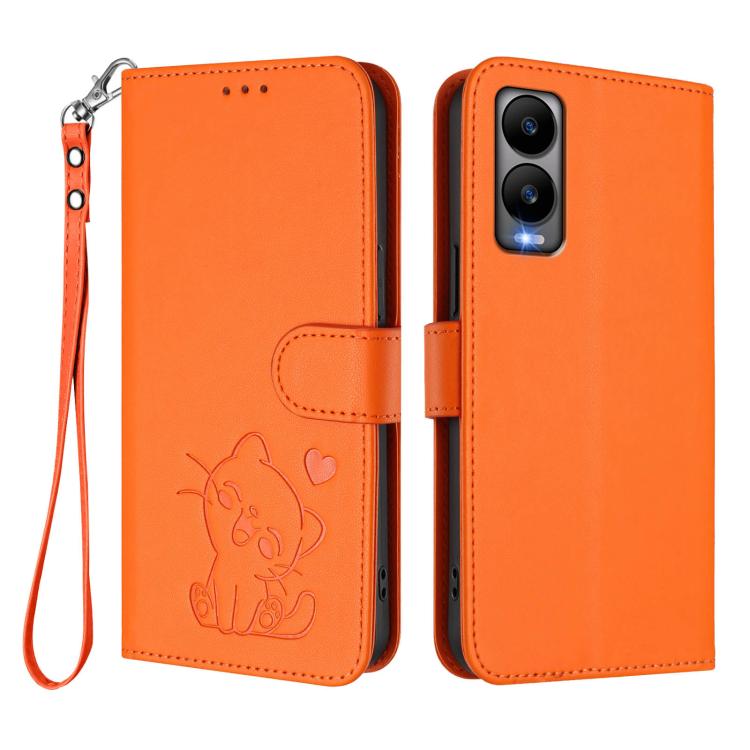 For Cricket Debut S3 Embossed Heart Cat Leather Phone Case with Hand Strap