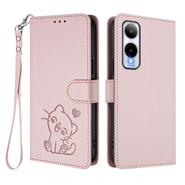 For Cricket Icon 6 / AT&T Verge Embossed Heart Cat Leather Phone Case with Hand Strap