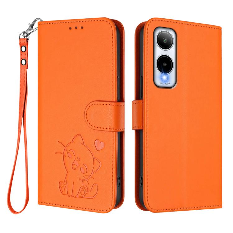 For Cricket Icon 6 / AT&T Verge Embossed Heart Cat Leather Phone Case with Hand Strap