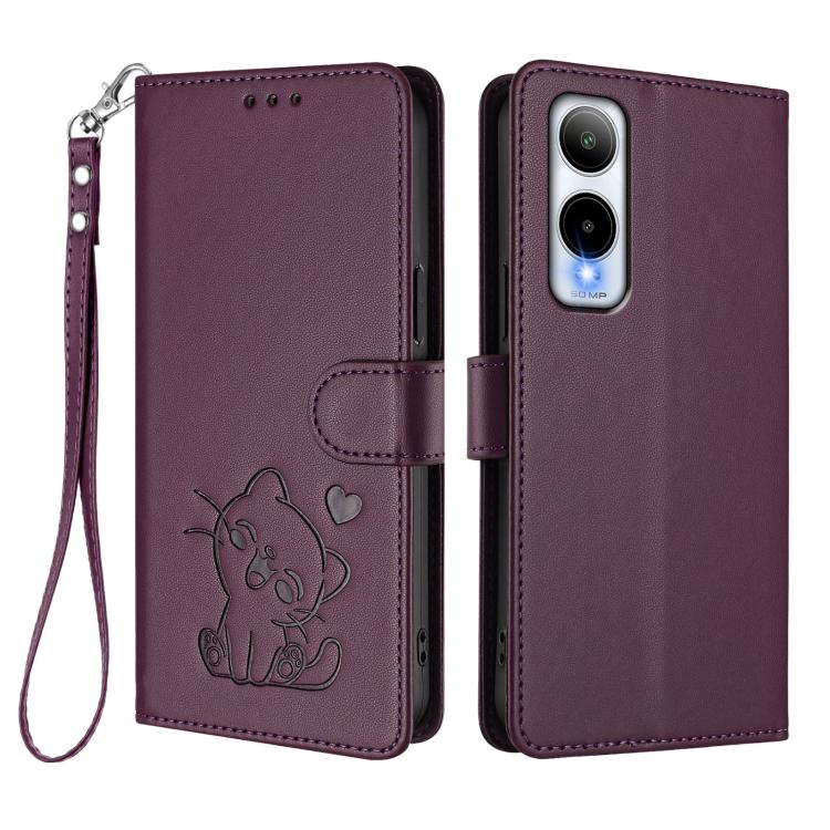 For Cricket Icon 6 / AT&T Verge Embossed Heart Cat Leather Phone Case with Hand Strap