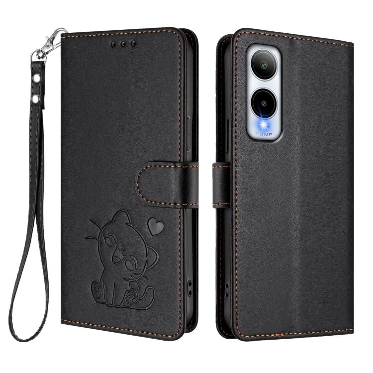 For Cricket Icon 6 / AT&T Verge Embossed Heart Cat Leather Phone Case with Hand Strap