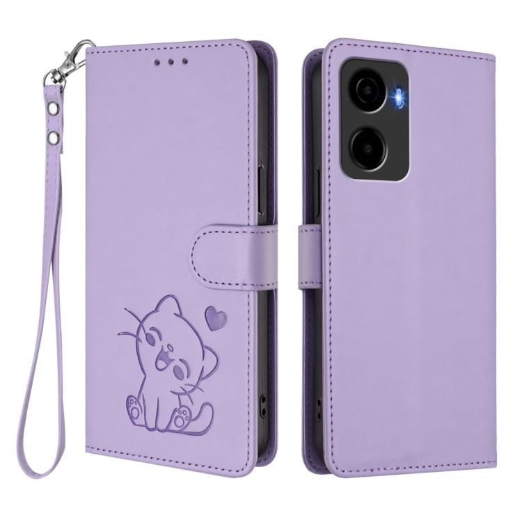 For Cricket Magic 2 5G / AT&T Propel 2 5G Embossed Heart Cat Leather Phone Case with Hand Strap