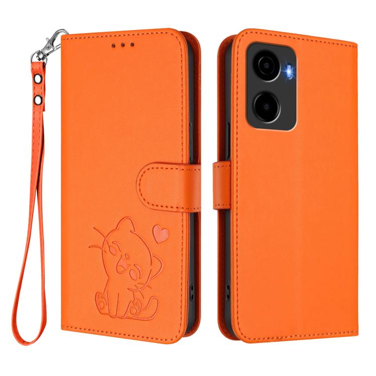 For Cricket Magic 2 5G / AT&T Propel 2 5G Embossed Heart Cat Leather Phone Case with Hand Strap