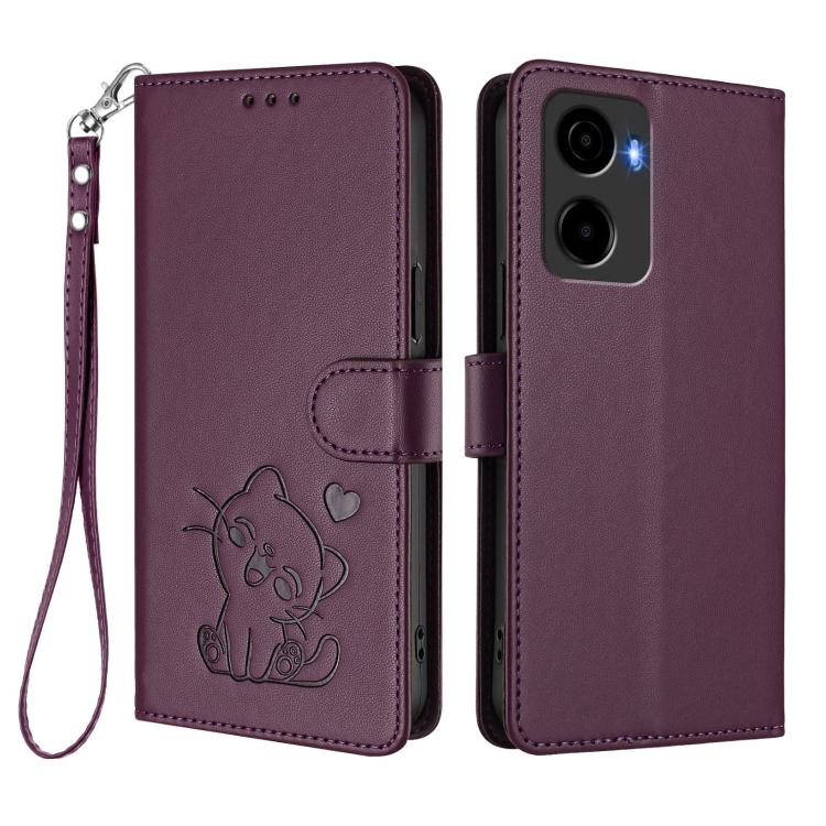For Cricket Magic 2 5G / AT&T Propel 2 5G Embossed Heart Cat Leather Phone Case with Hand Strap