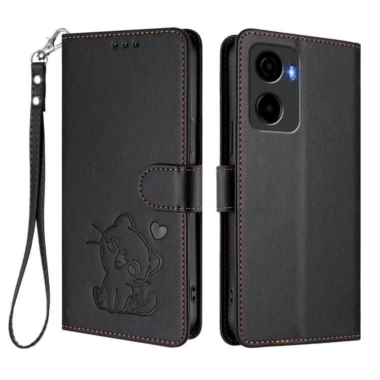 For Cricket Magic 2 5G / AT&T Propel 2 5G Embossed Heart Cat Leather Phone Case with Hand Strap