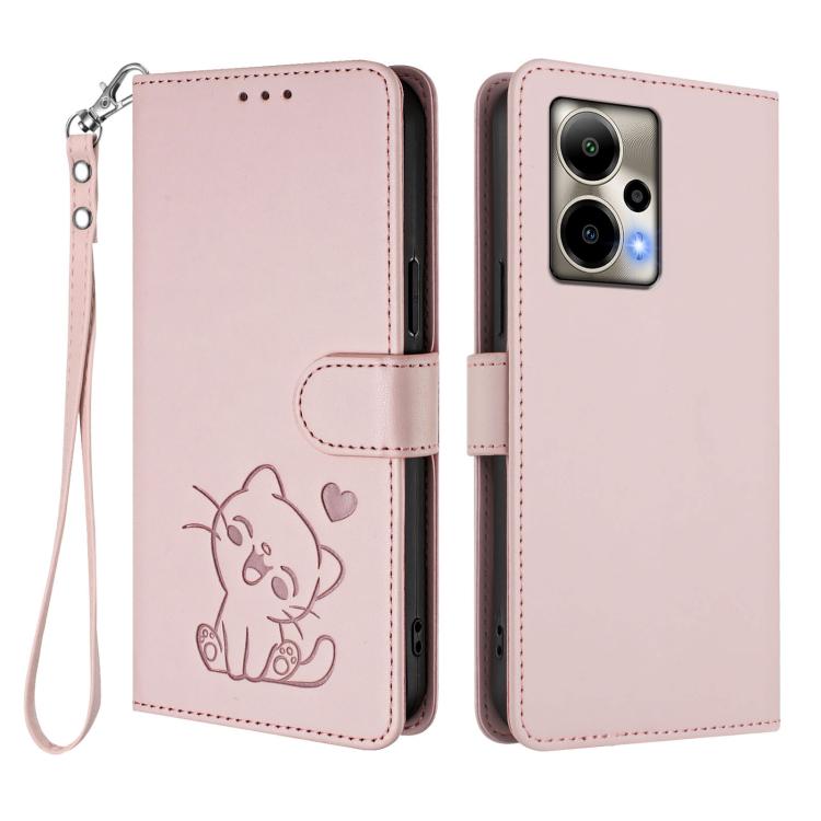 For Cricket Outlast 5G 2024 Embossed Heart Cat Leather Phone Case with Hand Strap