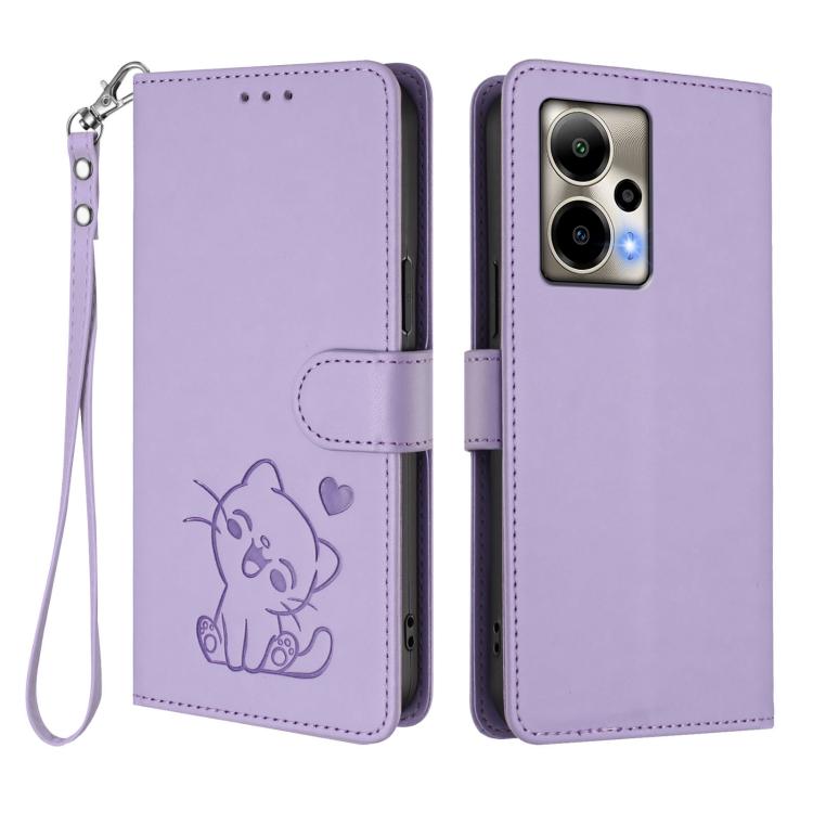 For Cricket Outlast 5G 2024 Embossed Heart Cat Leather Phone Case with Hand Strap