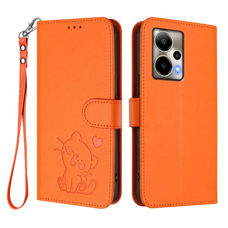 For Cricket Outlast 5G 2024 Embossed Heart Cat Leather Phone Case with Hand Strap