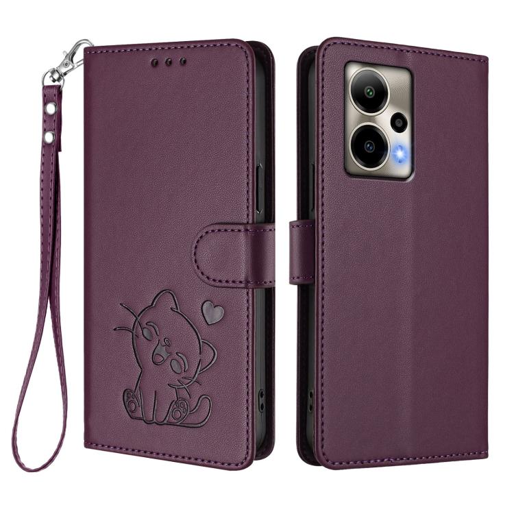 For Cricket Outlast 5G 2024 Embossed Heart Cat Leather Phone Case with Hand Strap