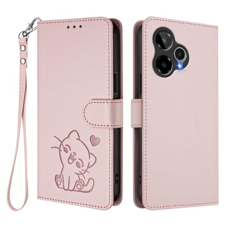 For Cricket Icon Plus 2026 / Icon 7 5G Embossed Heart Cat Leather Phone Case with Hand Strap