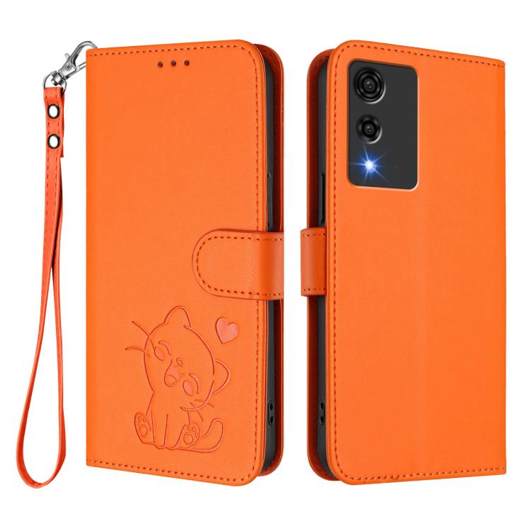 For Cubot A10 Embossed Heart Cat Leather Phone Case with Hand Strap