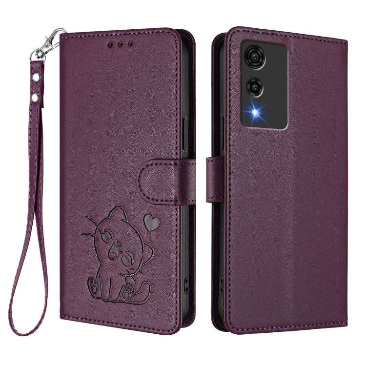 For Cubot A10 Embossed Heart Cat Leather Phone Case with Hand Strap