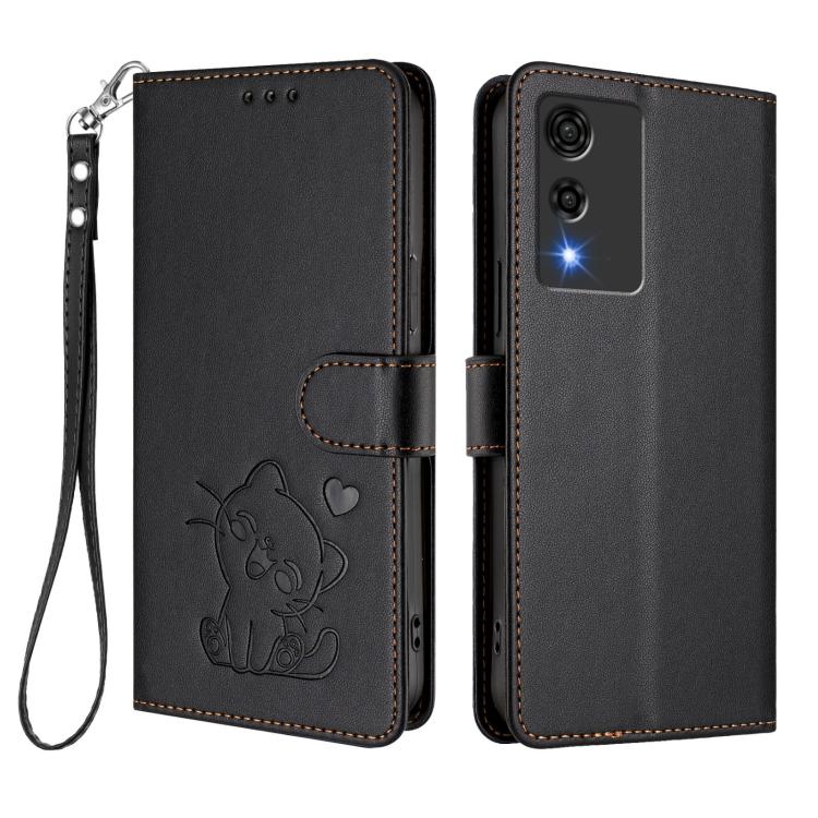 For Cubot A10 Embossed Heart Cat Leather Phone Case with Hand Strap