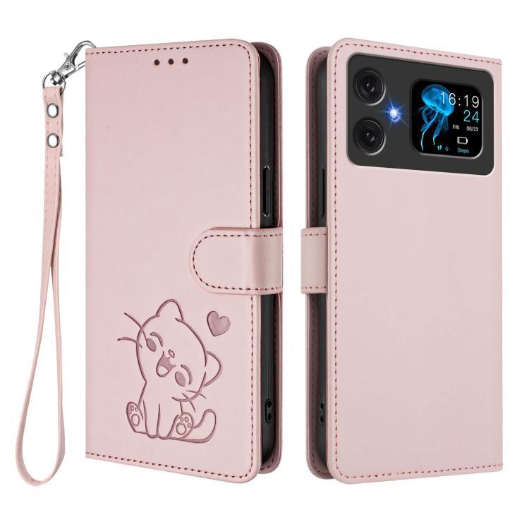 For Cubot A20 Embossed Heart Cat Leather Phone Case with Hand Strap