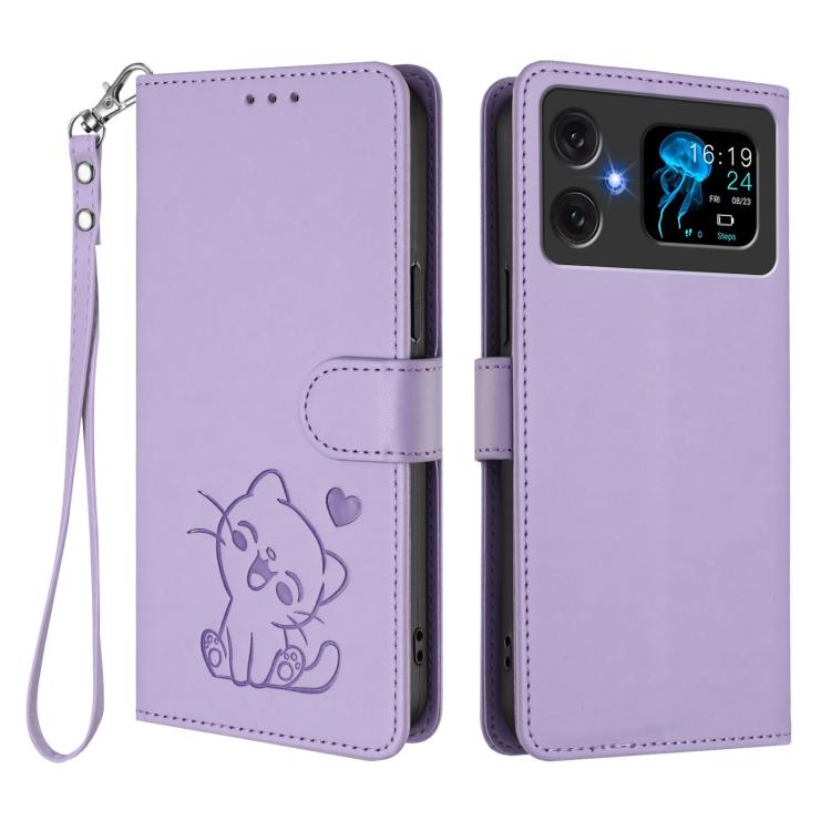 For Cubot A20 Embossed Heart Cat Leather Phone Case with Hand Strap