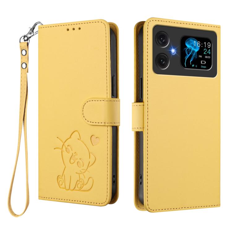 For Cubot A20 Embossed Heart Cat Leather Phone Case with Hand Strap