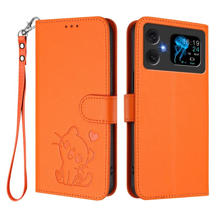 For Cubot A20 Embossed Heart Cat Leather Phone Case with Hand Strap