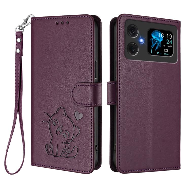 For Cubot A20 Embossed Heart Cat Leather Phone Case with Hand Strap