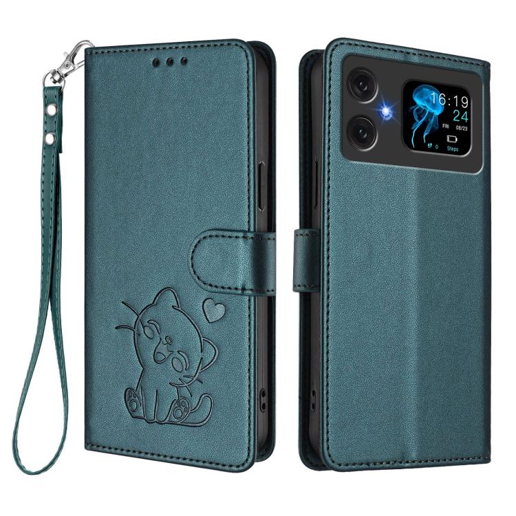 For Cubot A20 Embossed Heart Cat Leather Phone Case with Hand Strap