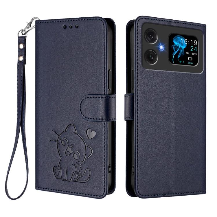 For Cubot A20 Embossed Heart Cat Leather Phone Case with Hand Strap