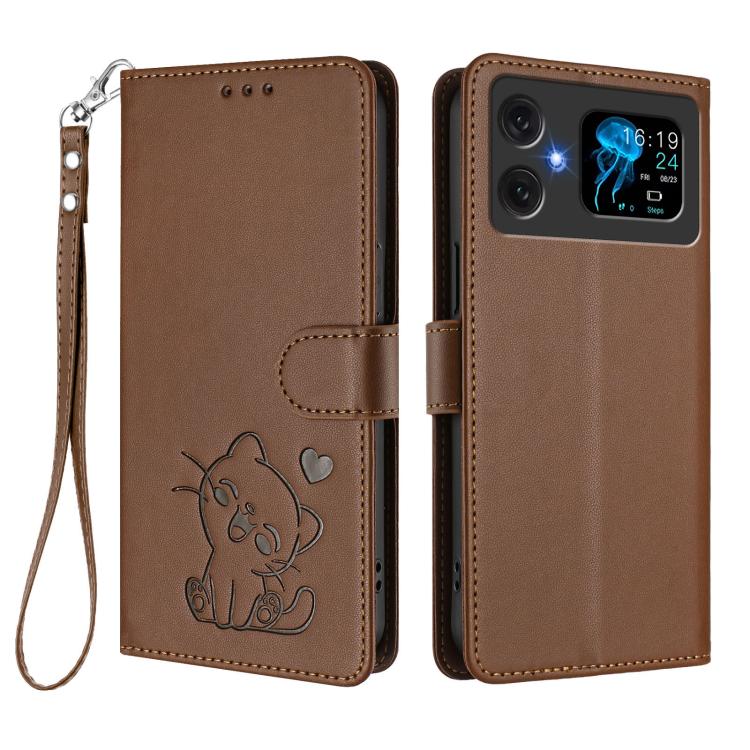 For Cubot A20 Embossed Heart Cat Leather Phone Case with Hand Strap