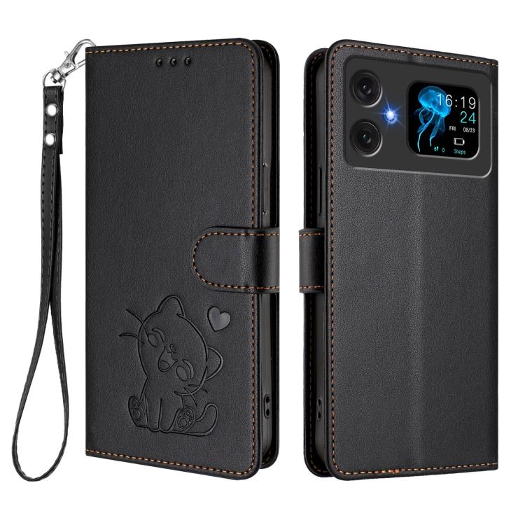 For Cubot A20 Embossed Heart Cat Leather Phone Case with Hand Strap