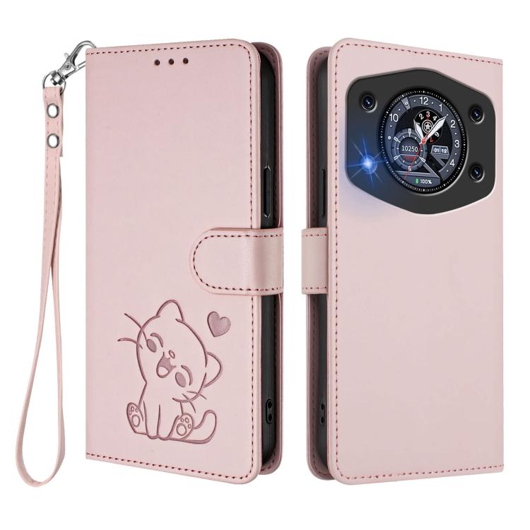 For Cubot A30 Embossed Heart Cat Leather Phone Case with Hand Strap
