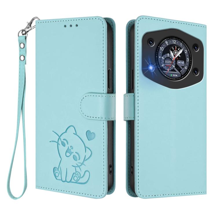 For Cubot A30 Embossed Heart Cat Leather Phone Case with Hand Strap