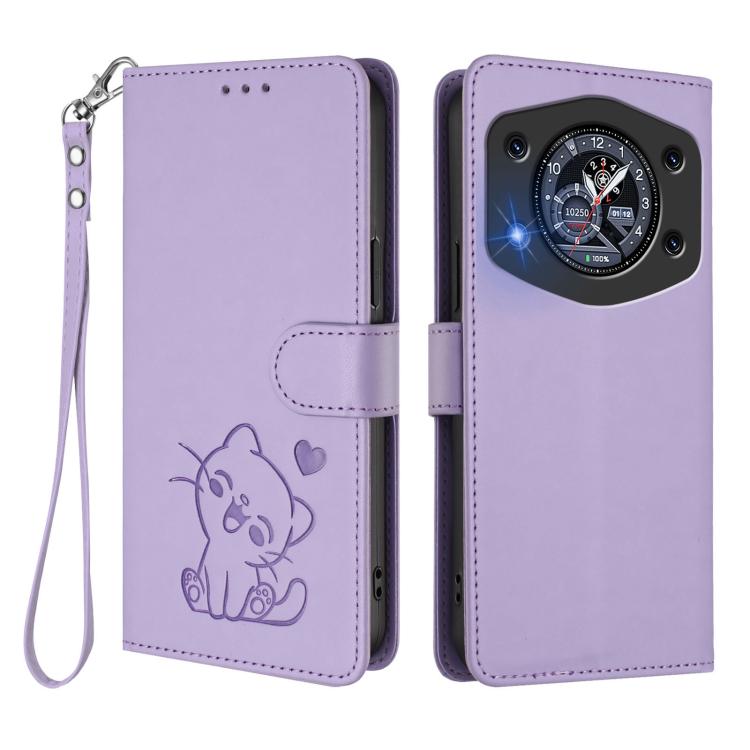 For Cubot A30 Embossed Heart Cat Leather Phone Case with Hand Strap