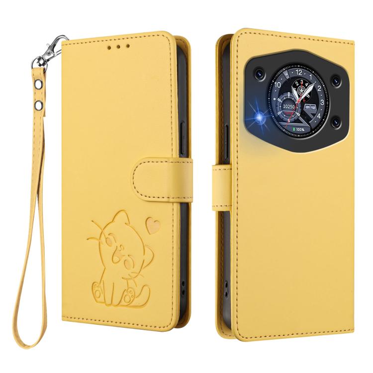 For Cubot A30 Embossed Heart Cat Leather Phone Case with Hand Strap