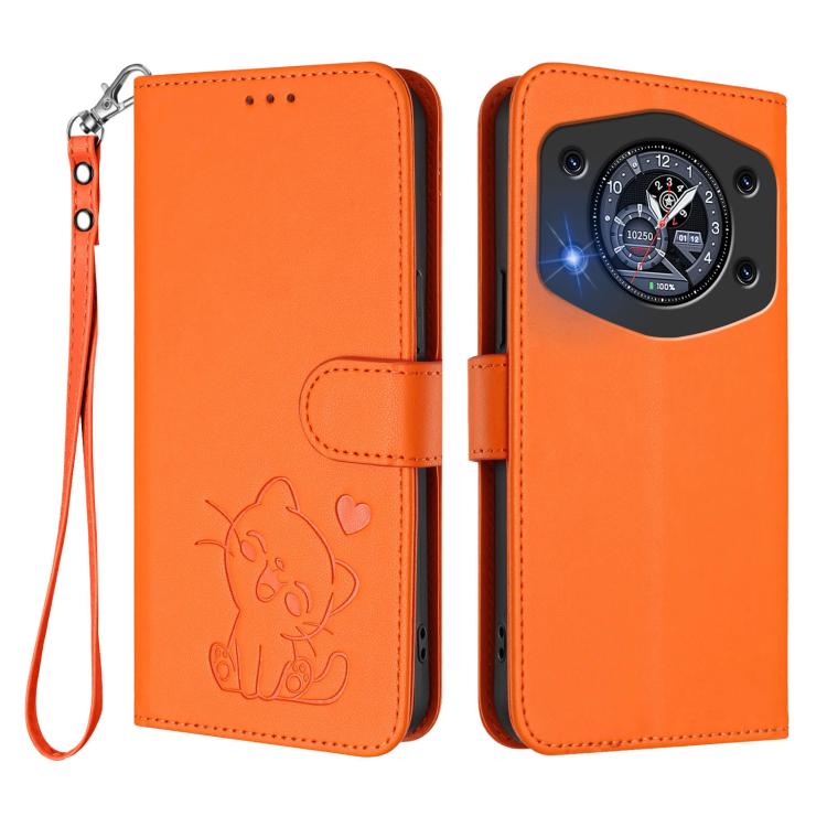 For Cubot A30 Embossed Heart Cat Leather Phone Case with Hand Strap