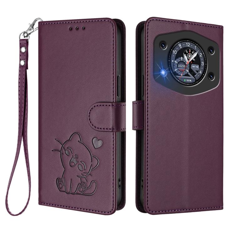 For Cubot A30 Embossed Heart Cat Leather Phone Case with Hand Strap