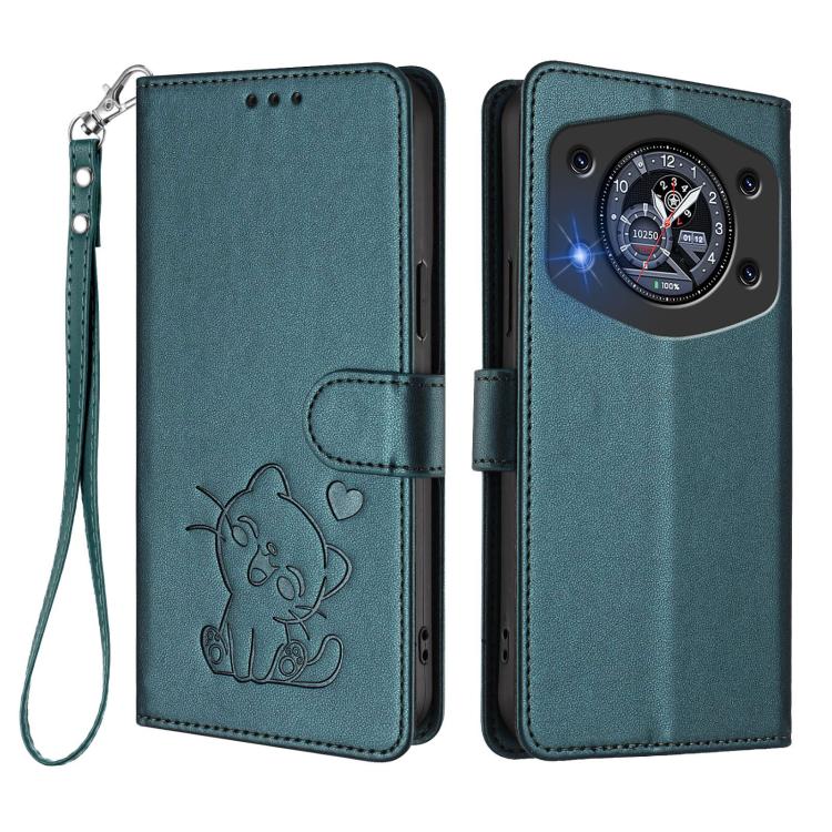 For Cubot A30 Embossed Heart Cat Leather Phone Case with Hand Strap