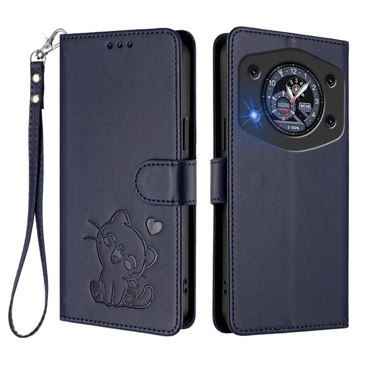 For Cubot A30 Embossed Heart Cat Leather Phone Case with Hand Strap