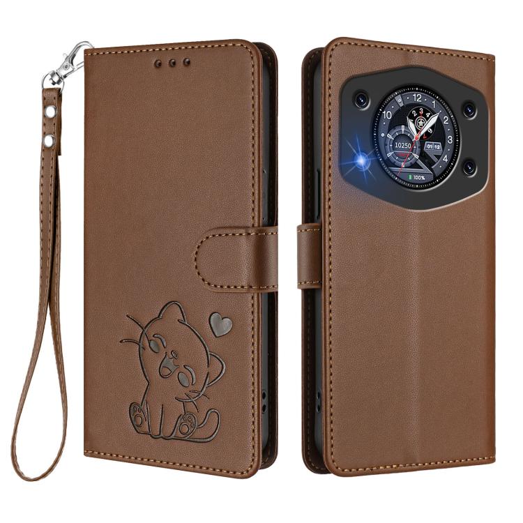 For Cubot A30 Embossed Heart Cat Leather Phone Case with Hand Strap