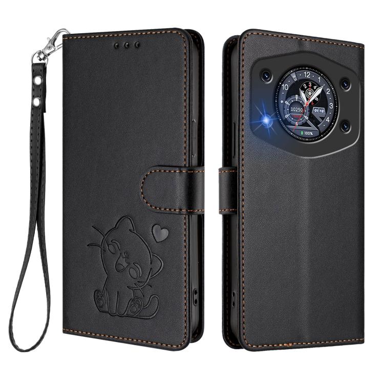 For Cubot A30 Embossed Heart Cat Leather Phone Case with Hand Strap