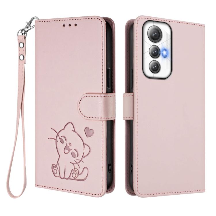 For Cubot Max 5 Embossed Heart Cat Leather Phone Case with Hand Strap