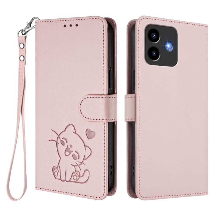 For Cubot Note 40 Embossed Heart Cat Leather Phone Case with Hand Strap