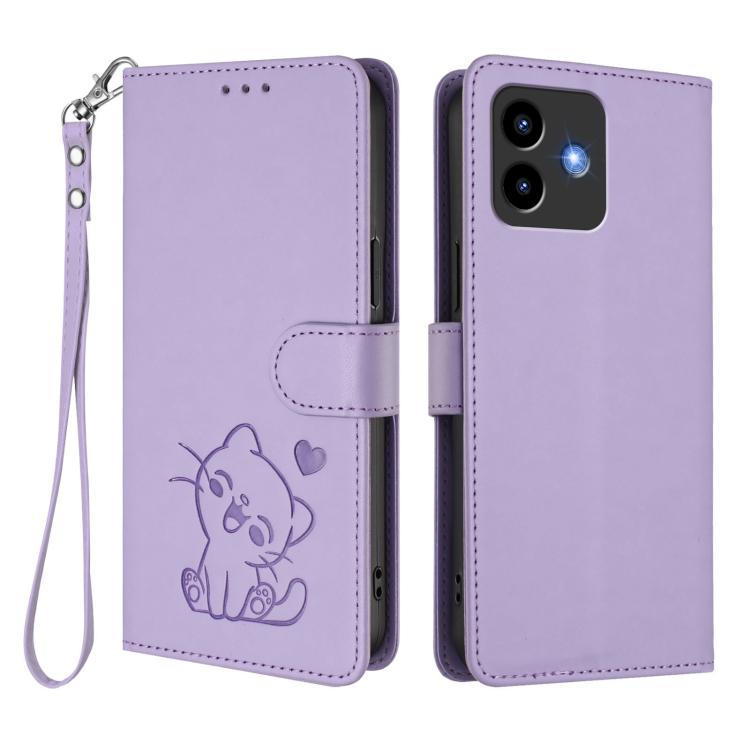For Cubot Note 40 Embossed Heart Cat Leather Phone Case with Hand Strap