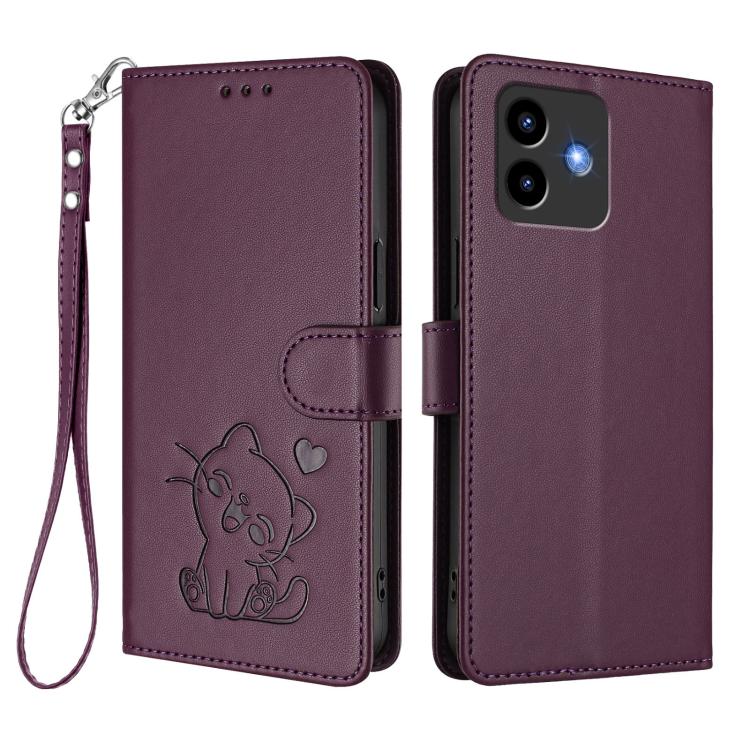 For Cubot Note 40 Embossed Heart Cat Leather Phone Case with Hand Strap