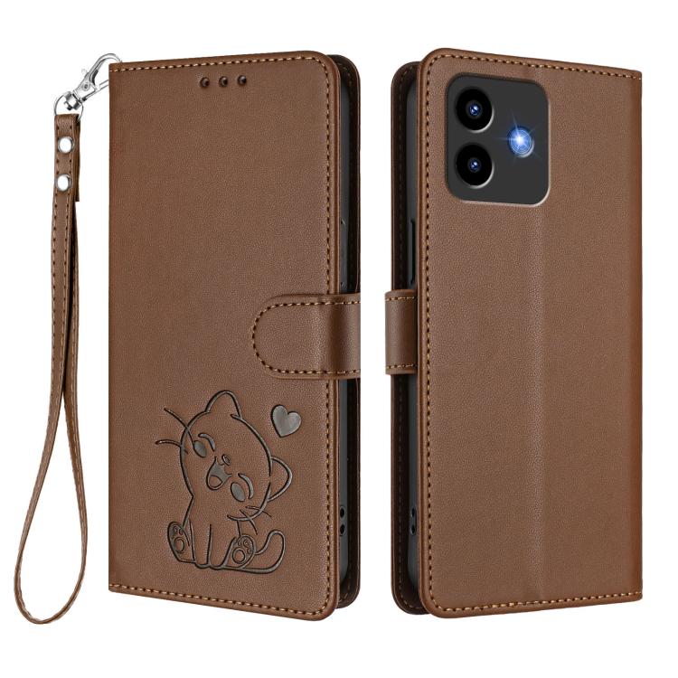 For Cubot Note 40 Embossed Heart Cat Leather Phone Case with Hand Strap