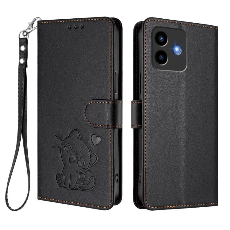 For Cubot Note 40 Embossed Heart Cat Leather Phone Case with Hand Strap