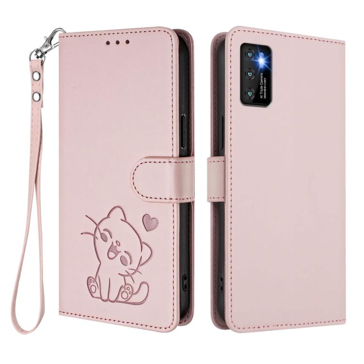 For Cubot P50 Embossed Heart Cat Leather Phone Case with Hand Strap