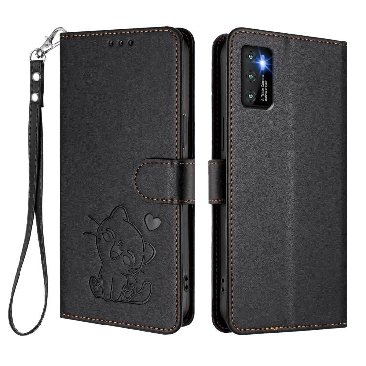 For Cubot P50 Embossed Heart Cat Leather Phone Case with Hand Strap