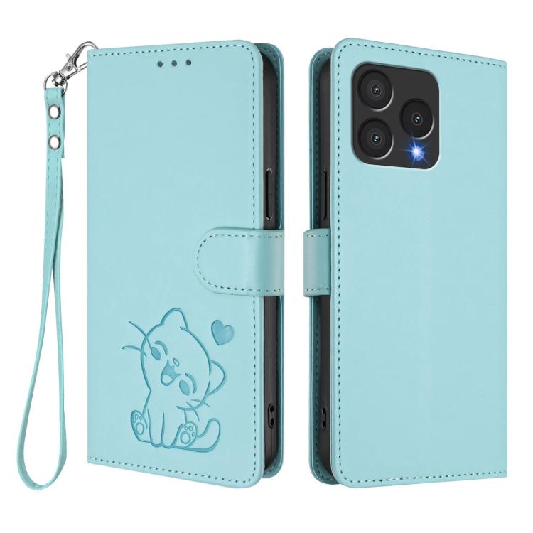 For Cubot A40 Embossed Heart Cat Leather Phone Case with Hand Strap