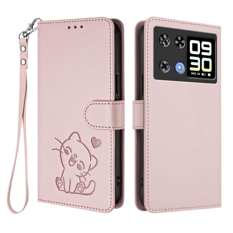 For Cubot P90 Embossed Heart Cat Leather Phone Case with Hand Strap