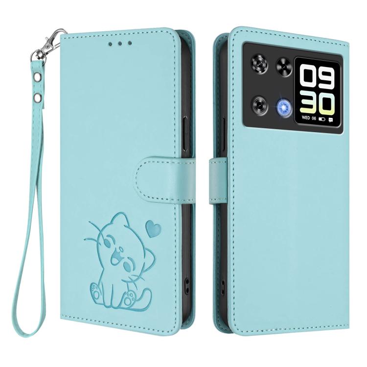 For Cubot P90 Embossed Heart Cat Leather Phone Case with Hand Strap