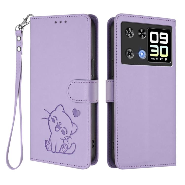 For Cubot P90 Embossed Heart Cat Leather Phone Case with Hand Strap