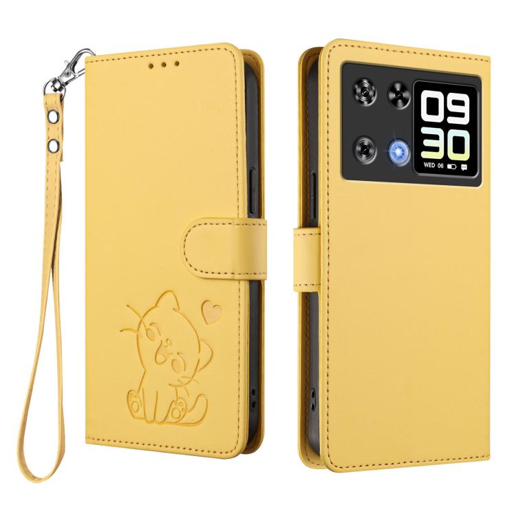 For Cubot P90 Embossed Heart Cat Leather Phone Case with Hand Strap