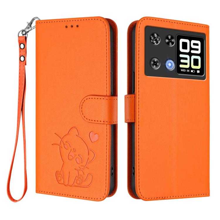 For Cubot P90 Embossed Heart Cat Leather Phone Case with Hand Strap